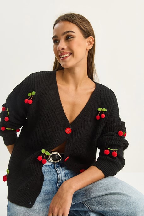 V-hals Fruit Geborduurde Brei Cardigan - Image 3