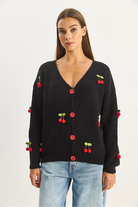 V-hals Fruit Geborduurde Brei Cardigan - Image 4