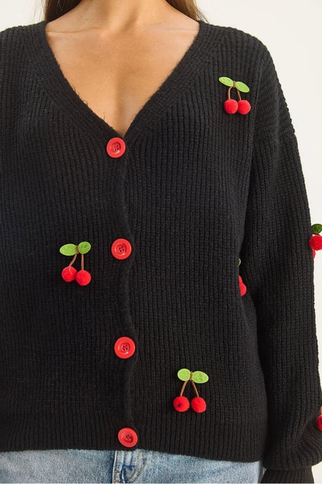 V-hals Fruit Geborduurde Brei Cardigan - Image 5