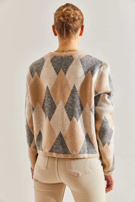 Geometrisk Stickad Knapp-up Crop Cardigan - Image 3