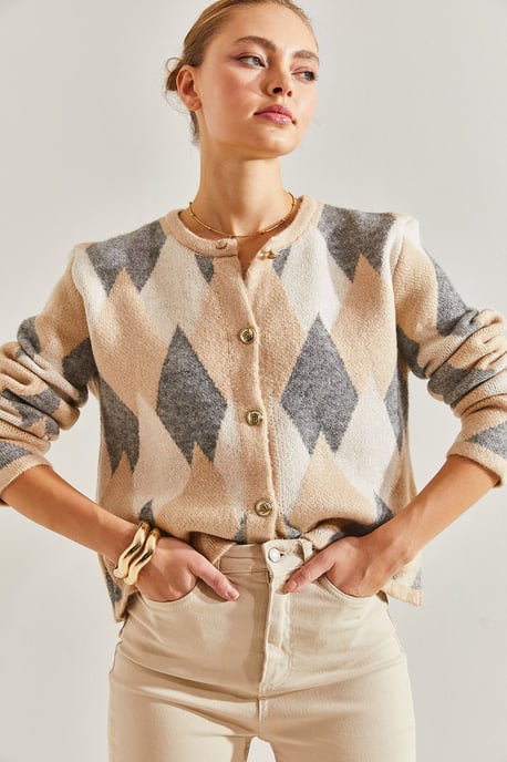 Geometrisk Stickad Knapp-up Crop Cardigan - Image 4