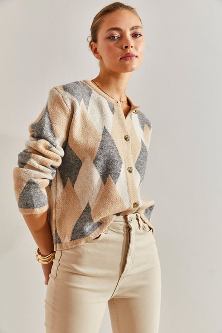 Geometrisk Stickad Knapp-up Crop Cardigan - Image 5
