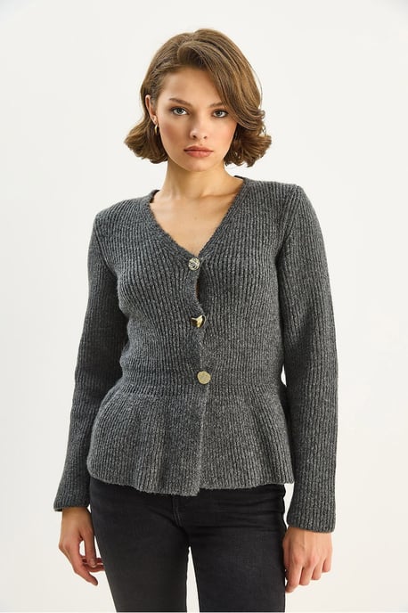 Geribde Lange Mouwen V-Hals Cardigan met Knopen - Image 2