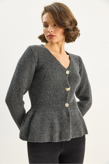 Geribde Lange Mouwen V-Hals Cardigan met Knopen - Image 3