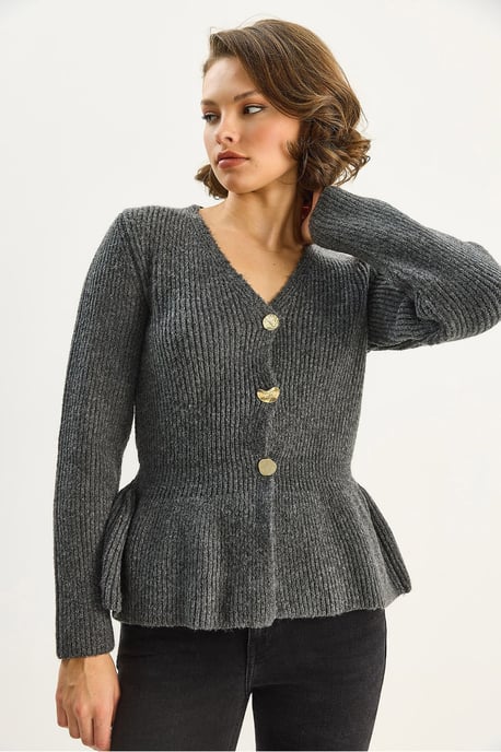 Geribde Lange Mouwen V-Hals Cardigan met Knopen - Image 4