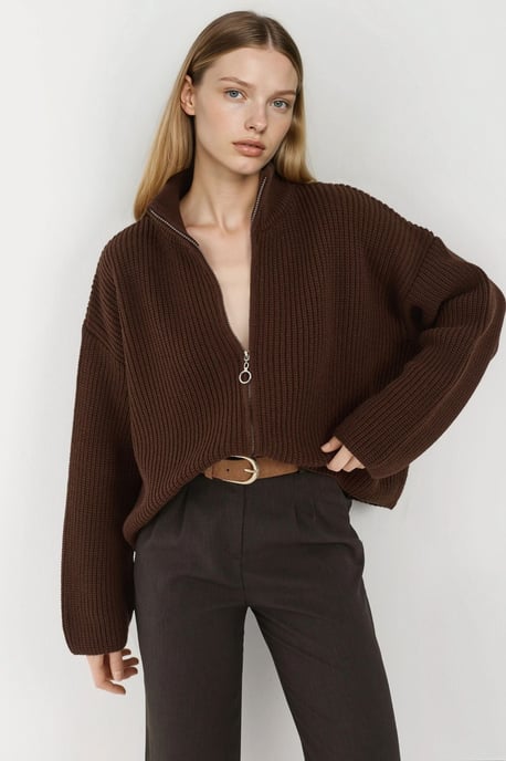 Dragkedja Avslappnad Passform Stickad Cardigan - Image 3