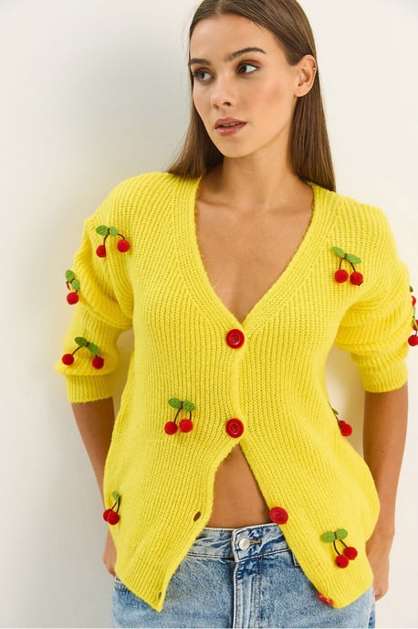 V-hals Geborduurde Fruit Brei Cardigan - Image 4