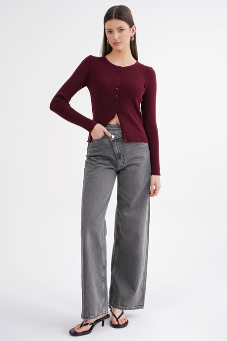 Geknoopte Slim Fit Geribbelde Brei Cardigan - Image 2