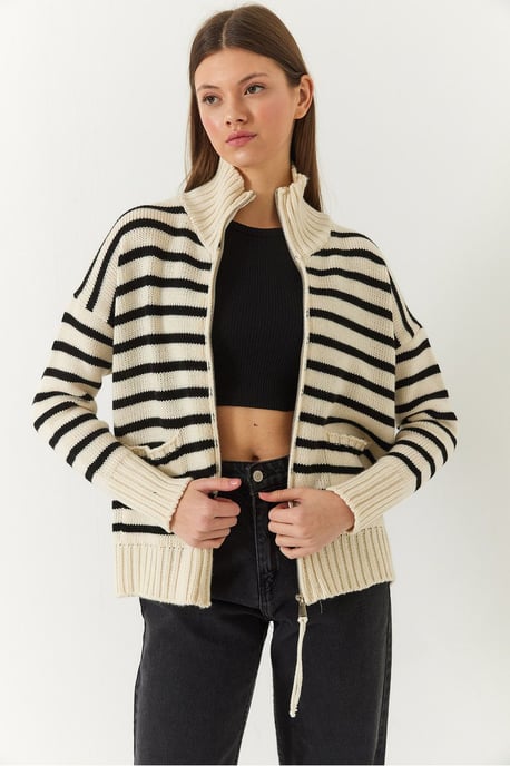 Randig zip-up stickad cardigan med fickor - Image 2
