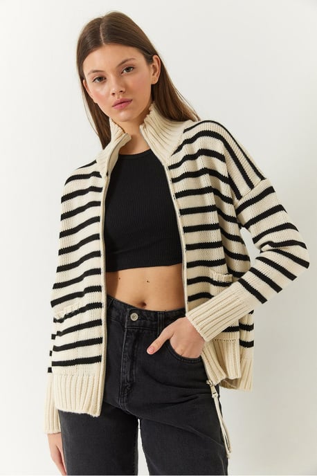 Randig zip-up stickad cardigan med fickor - Image 3