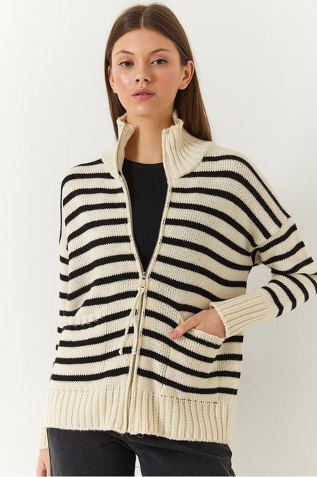 Randig zip-up stickad cardigan med fickor - Image 4