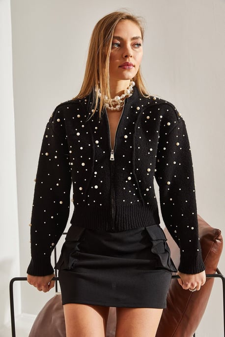 Pearl Embellished Zip-Up Crop Cardigan - Image 3