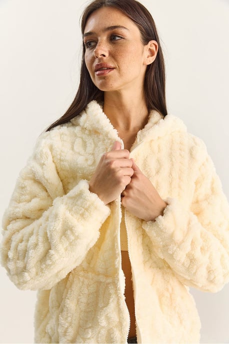 Hooded Textured Knitted Cardigan with Zipper - Image 1
