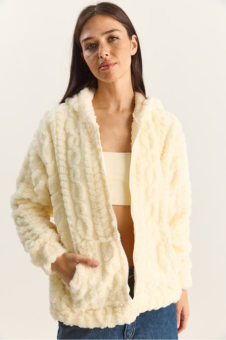 Hooded Textured Knitted Cardigan with Zipper - Image 2
