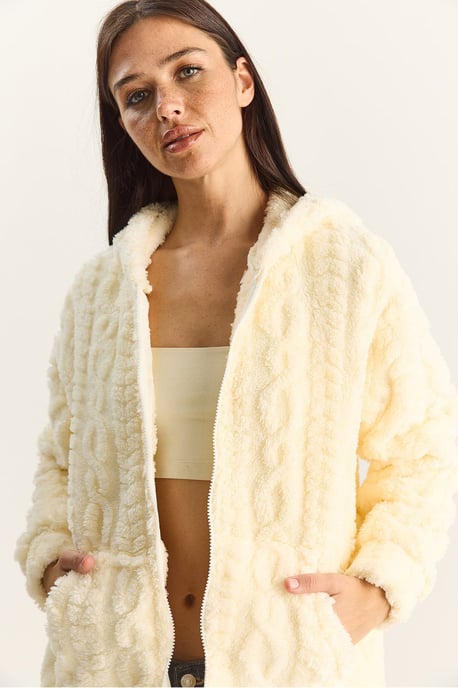 Hooded Textured Knitted Cardigan with Zipper - Image 3