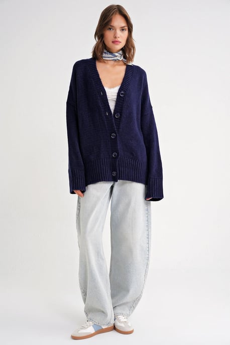 Buttoned V-Neck Ribbed Knit Cardigan - Image 2