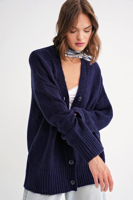Buttoned V-Neck Ribbed Knit Cardigan - Image 3