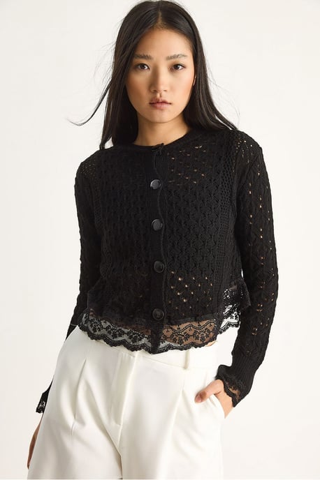 Spetsdetaljerad knappad stickad cardigan - Image 3