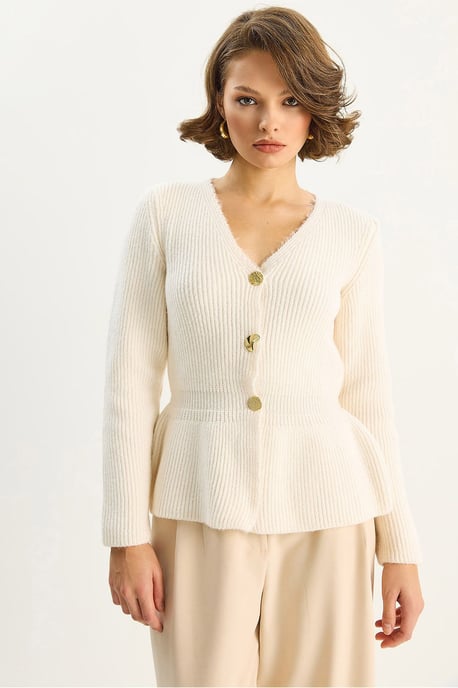 Geribbelde Lange Mouwen V-Hals Cardigan met Knopen - Image 2
