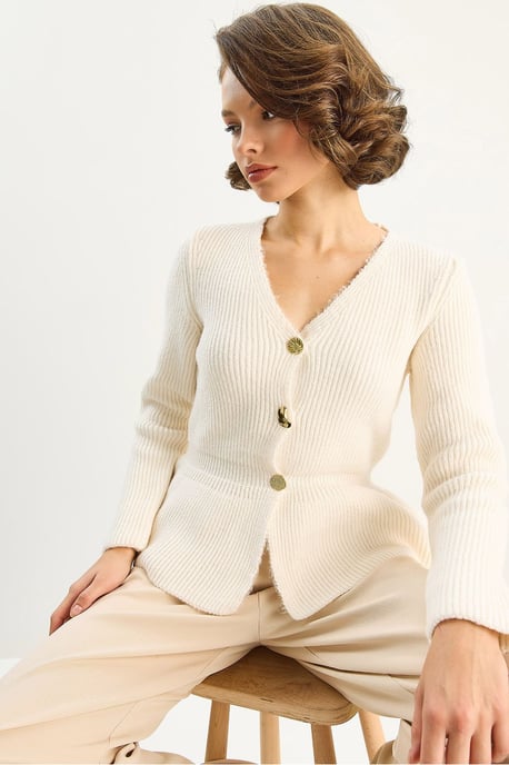 Geribbelde Lange Mouwen V-Hals Cardigan met Knopen - Image 3