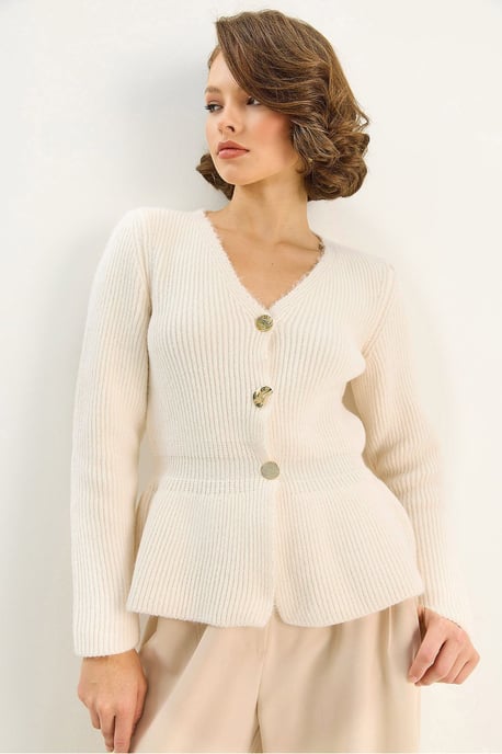 Geribbelde Lange Mouwen V-Hals Cardigan met Knopen - Image 4