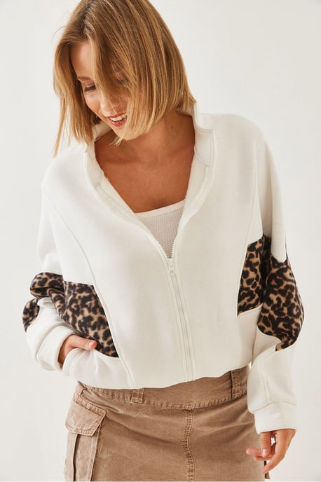 Boxig kort leopardmönstrad cardigan med dragkedja i kragen - Image 2
