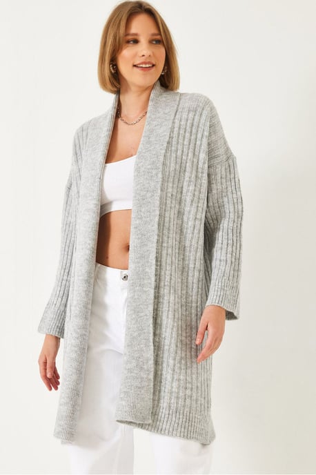 Gestructureerde Lange Geribbelde Sjaalkraag Cardigan - Image 1