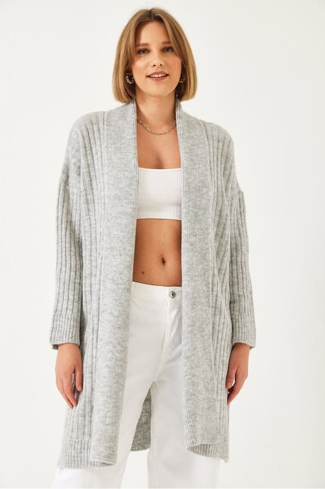 Gestructureerde Lange Geribbelde Sjaalkraag Cardigan - Image 2