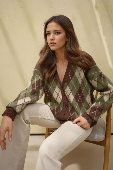Lange V-hals Geometrische Trui Cardigan met Knopen - Image 1