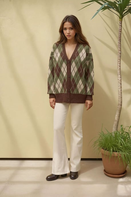 Lange V-hals Geometrische Trui Cardigan met Knopen - Image 3