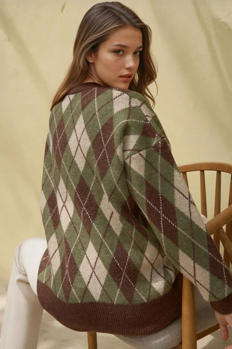 Lange V-hals Geometrische Trui Cardigan met Knopen - Image 4