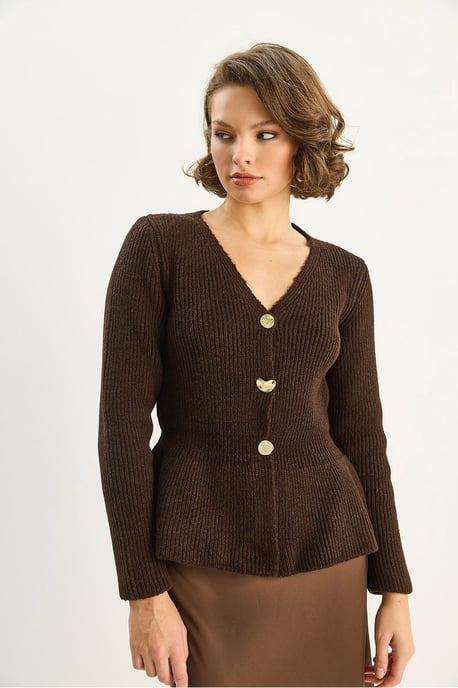 Geribde Lange Mouwen V-Hals Cardigan met Knopen - Image 4