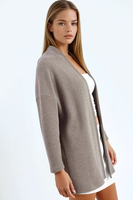 Lång ribbad stickad cardigan med öppen krage - Image 2