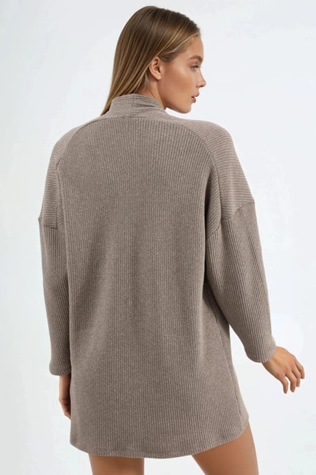 Lång ribbad stickad cardigan med öppen krage - Image 3