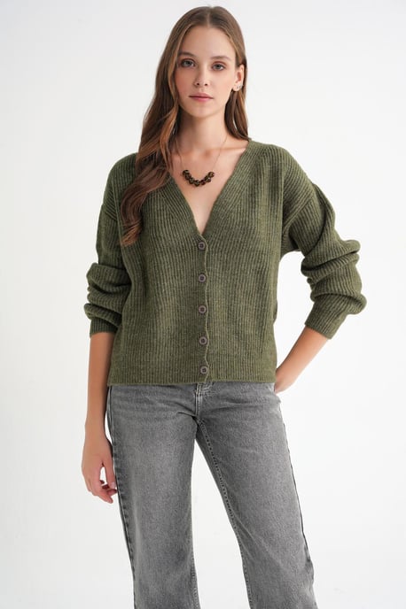Gestructureerde V-hals Knopen Cardigan - Image 2