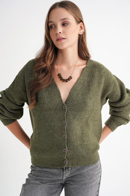 Gestructureerde V-hals Knopen Cardigan - Image 3