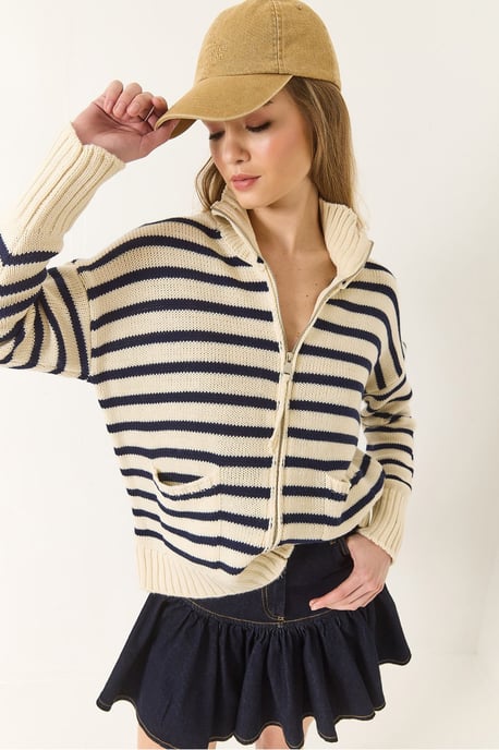 Randig zip-up stickad cardigan med fickor - Image 3