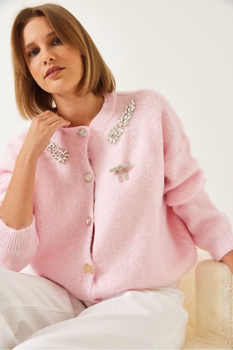 Embellished Crew Neck Long Sleeve Cardigan - Image 2