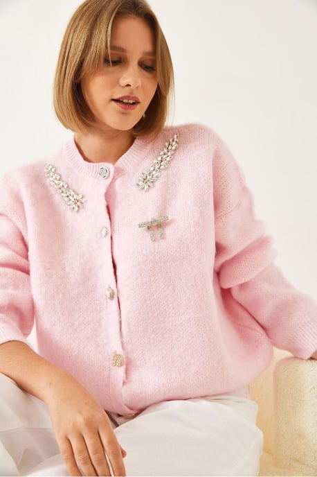 Embellished Crew Neck Long Sleeve Cardigan - Image 3