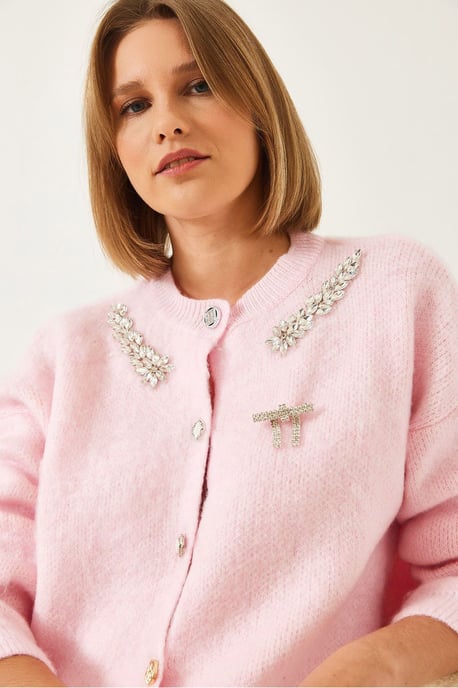 Embellished Crew Neck Long Sleeve Cardigan - Image 4