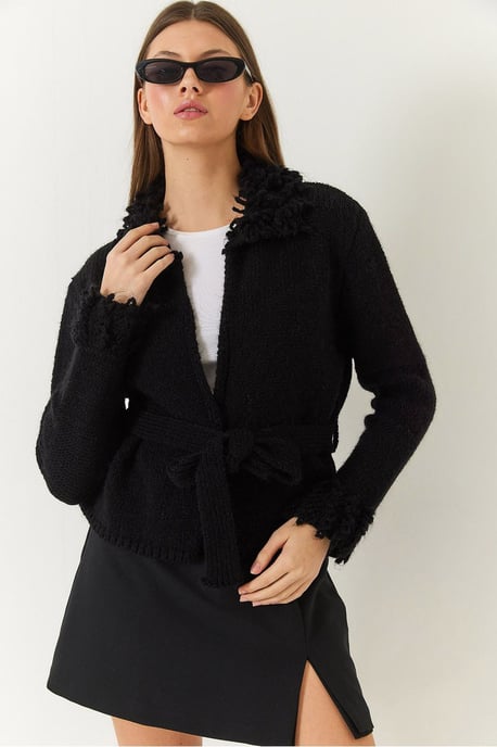 Frilly Tie Closure Shawl Collar Cardigan - Image 2