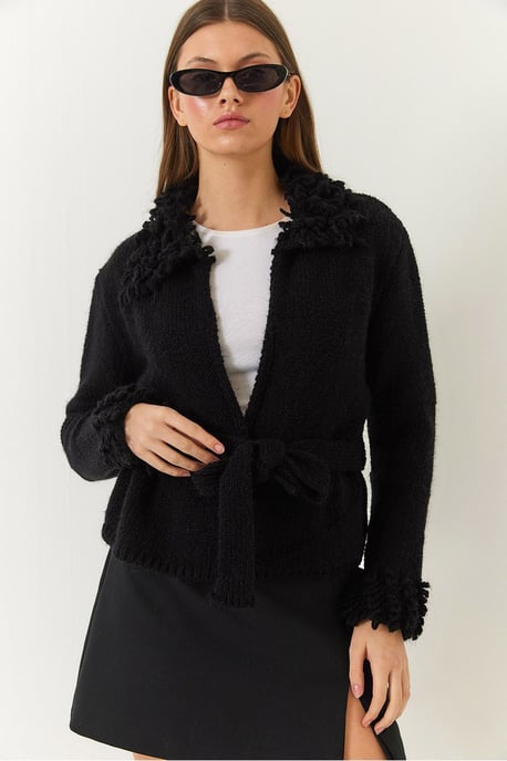 Frilly Tie Closure Shawl Collar Cardigan - Image 3