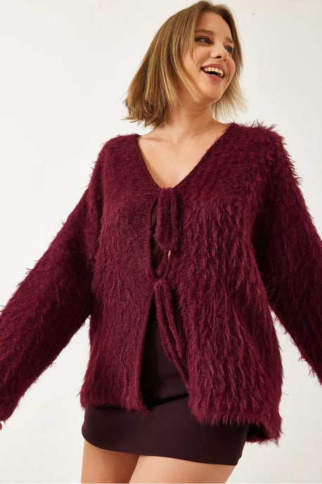 Texturerad Stickad V-ringad Lång Cardigan med Pompom - Image 2