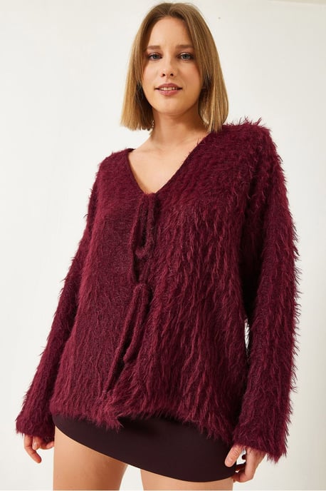 Texturerad Stickad V-ringad Lång Cardigan med Pompom - Image 3