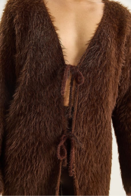Texturerad V-ringad midi cardigan med knytning - Image 6