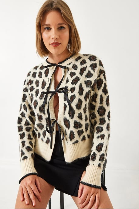 Leopardtryckt stickad kavaj med pompom - Image 2