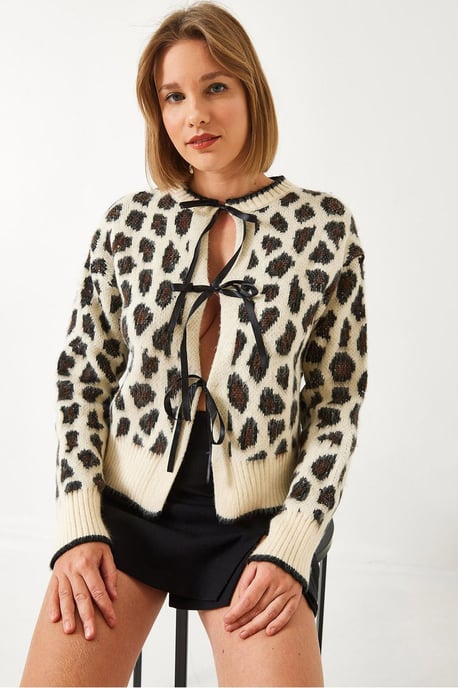 Leopardtryckt stickad kavaj med pompom - Image 3