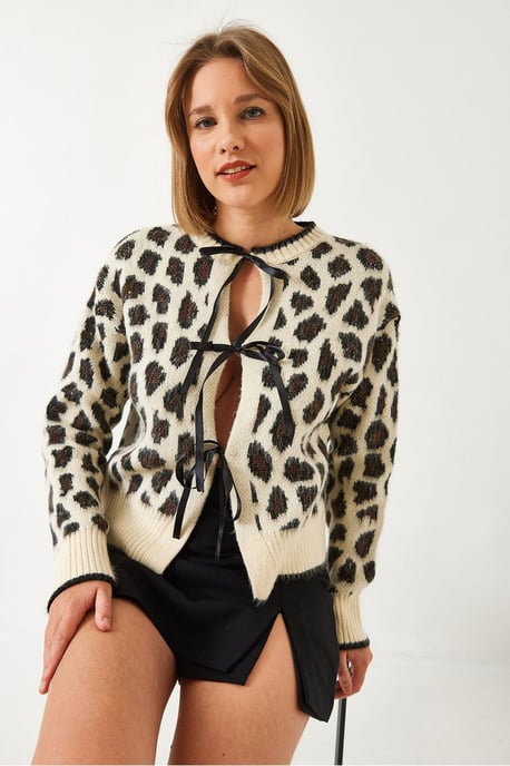 Leopardtryckt stickad kavaj med pompom - Image 4