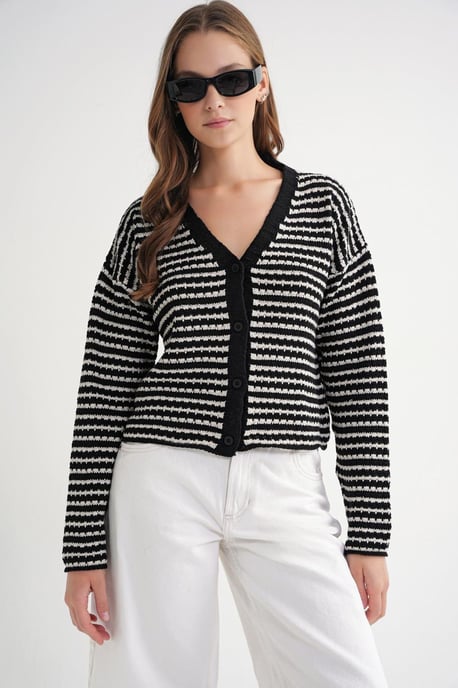 Randig V-ringad knäpp-fram ribbad stickad cardigan - Image 1
