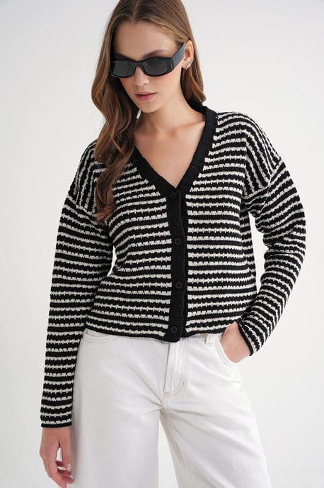 Randig V-ringad knäpp-fram ribbad stickad cardigan - Image 2